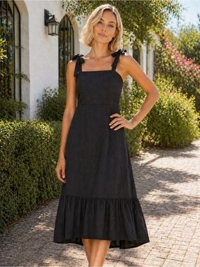 Black Smocked Midi Dress Tie Straps Ruffle Hem Slit Size Large Stretchy